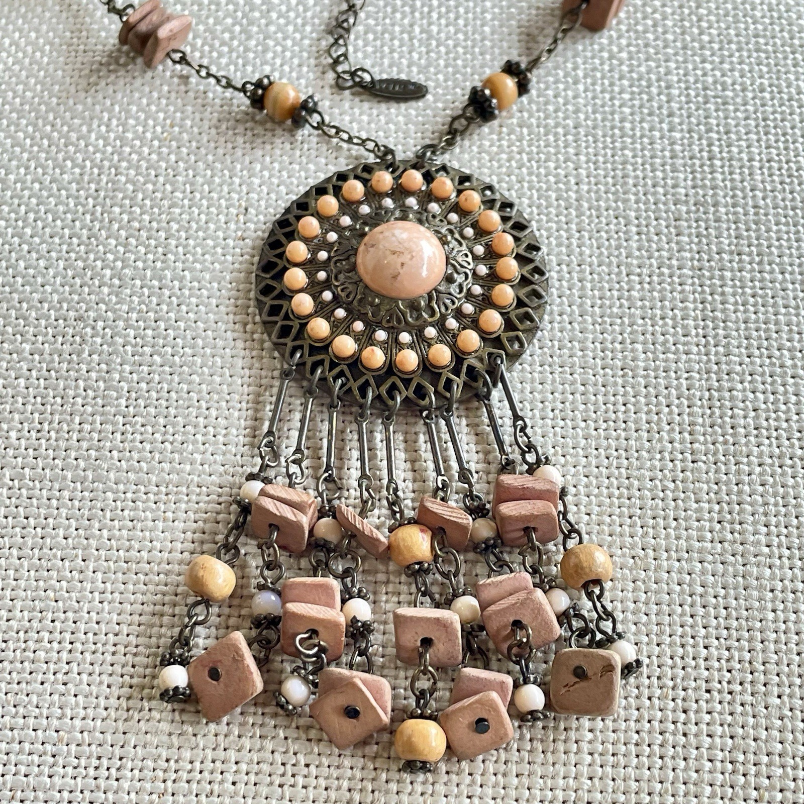 VTG VCLM Signed Boho Statement Medallion Necklace Peach Wood Bead Fringe Fringe