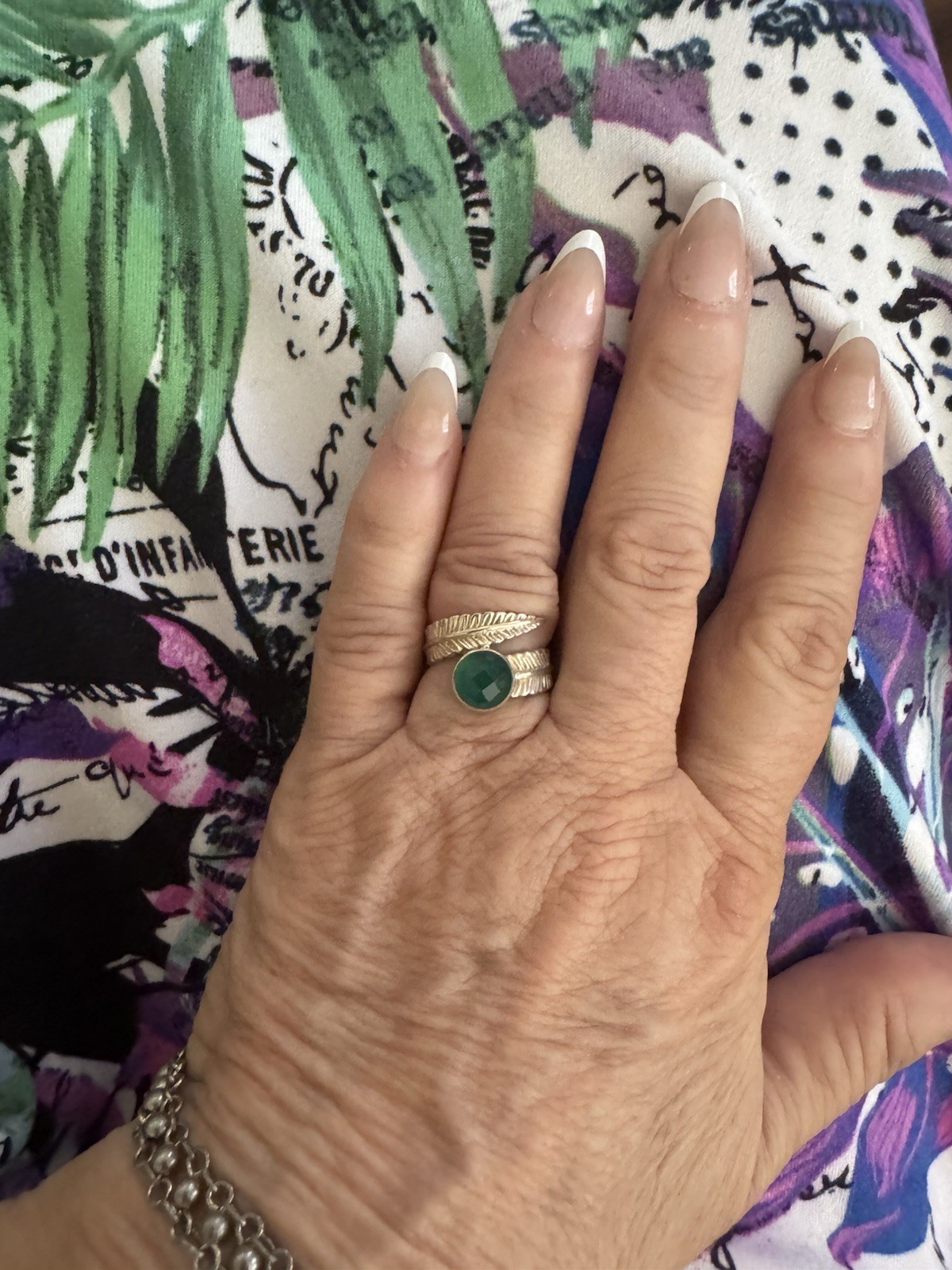 Sterling Silver 925 Green Faceted Stone Leaf Wrap Ring Boho Stunner Size 6.25
