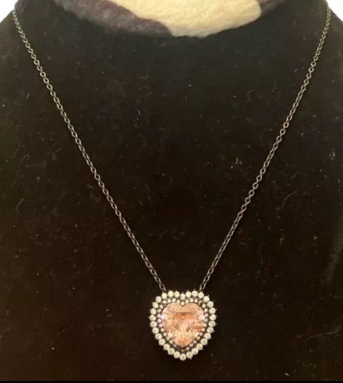 PINK HEART W/CLEAR CZ 925 BLACKENED STERLING SILVER NECKLACE 7.75-9.75”