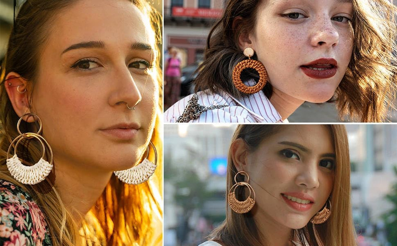 4 Pairs Handmade Raffia Rattan Bohemian round Drop Dangle Earrings for Women, Bo
