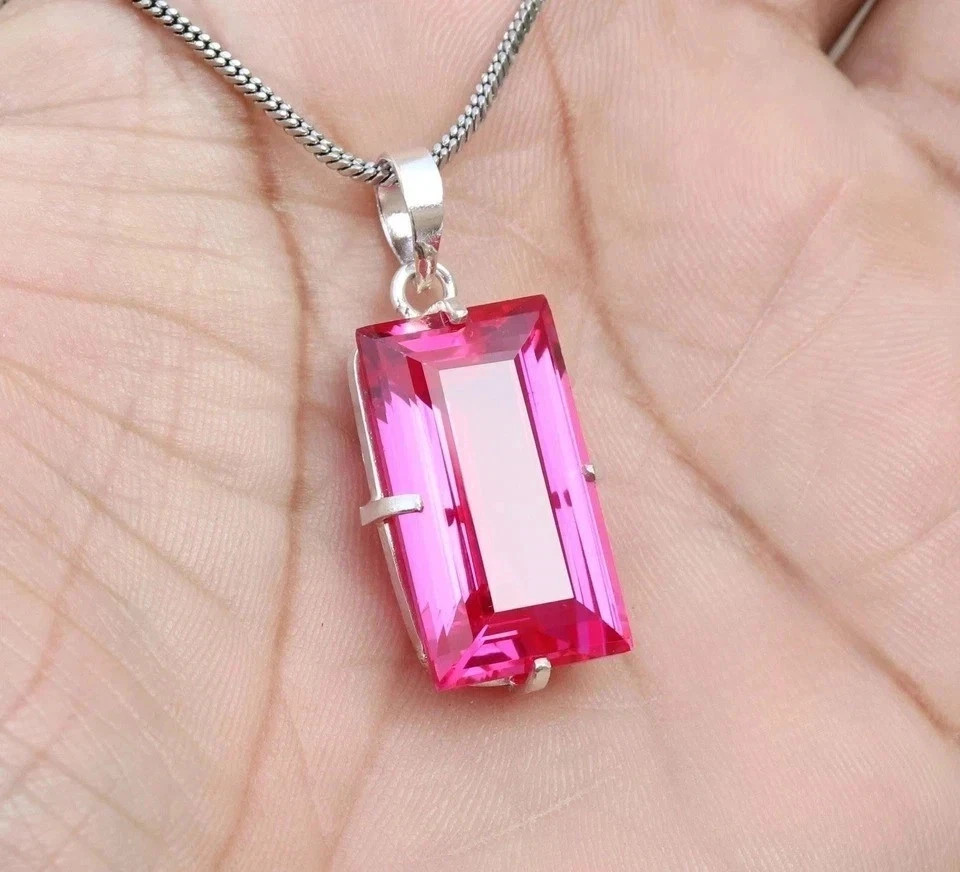 Natural Certified Pink Sapphire 30.17 Ct Baguette Gem 925 Solid Silver Pendant