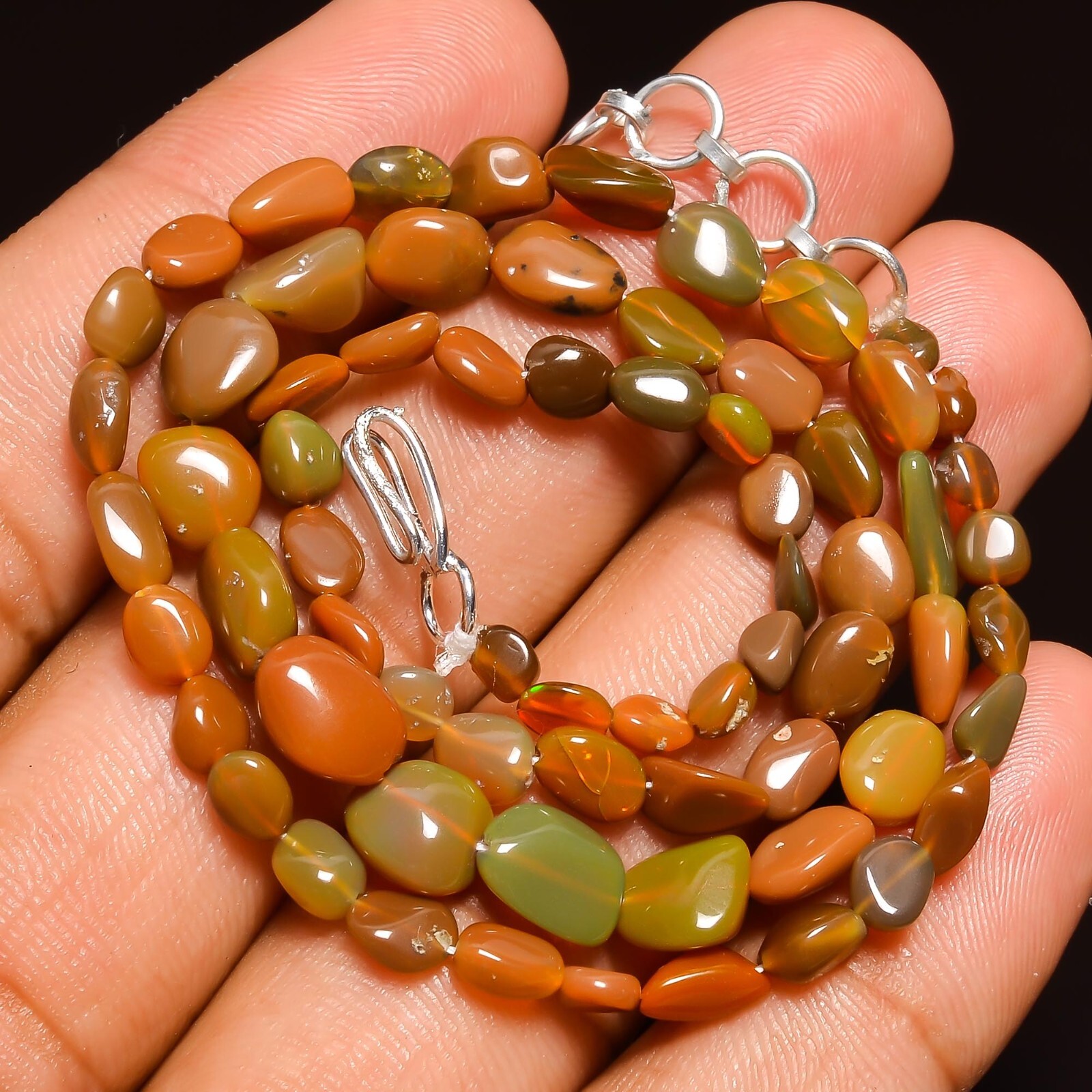 50.5 Ct Natural Brown Ethiopian Opal Tumbled Smooth Beads Necklace 16-17″ A-4875