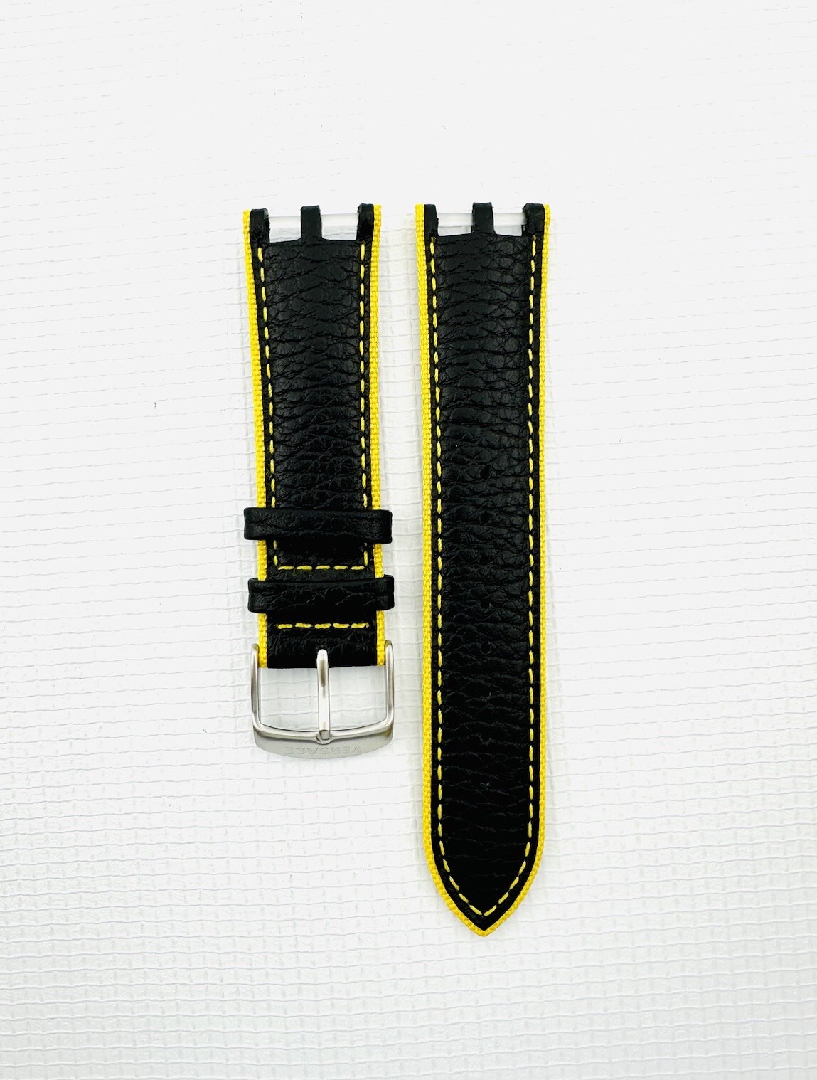 VERSACE WATCH STRAP , VAH , BLACK + YELLOW STITCHING YELLOW , TONGUE BUCKLE