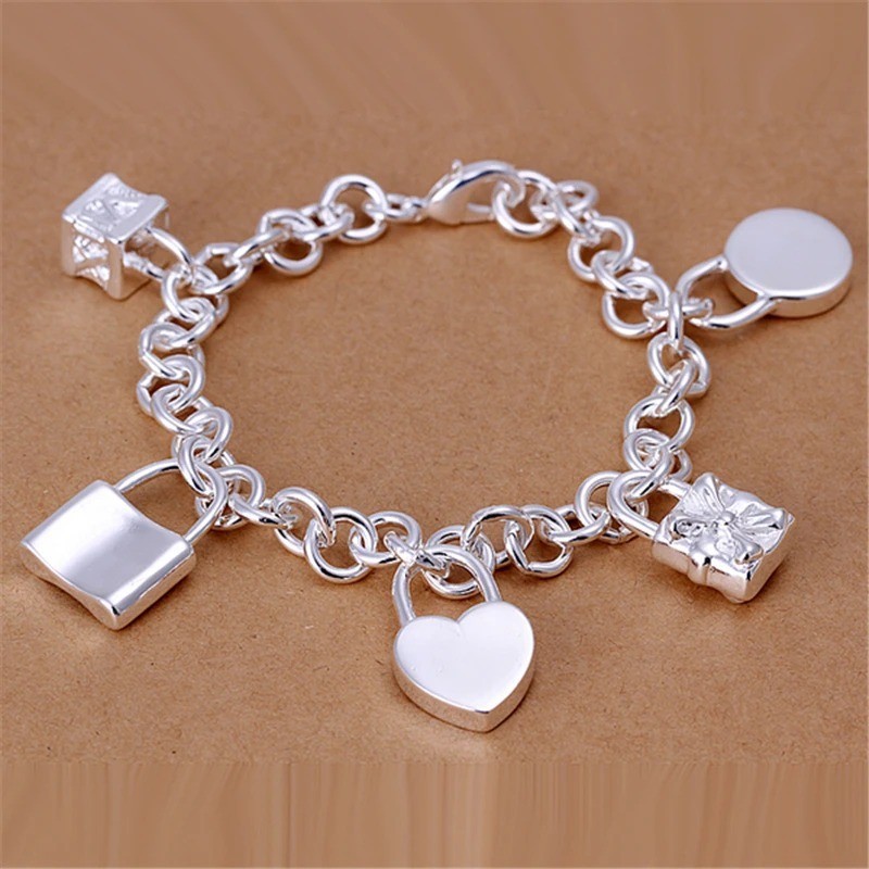 925 Sterling Silver Charm Heart Square Round Lock Necklace Bracelet Set Jewelry