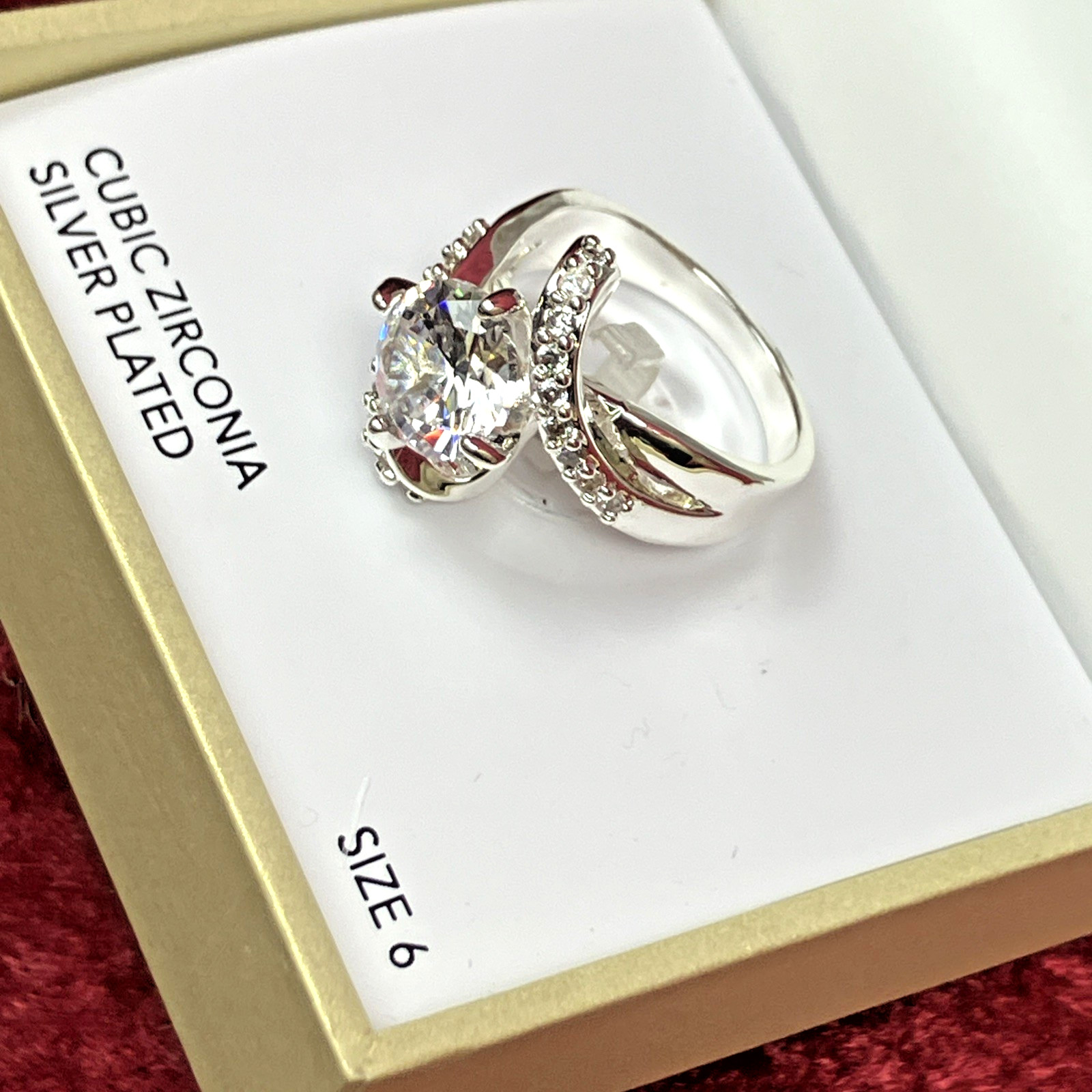 Charter Club Crystal Stone Bypass Ring Fine Silver Plate SIZE 6 or 9 NIB