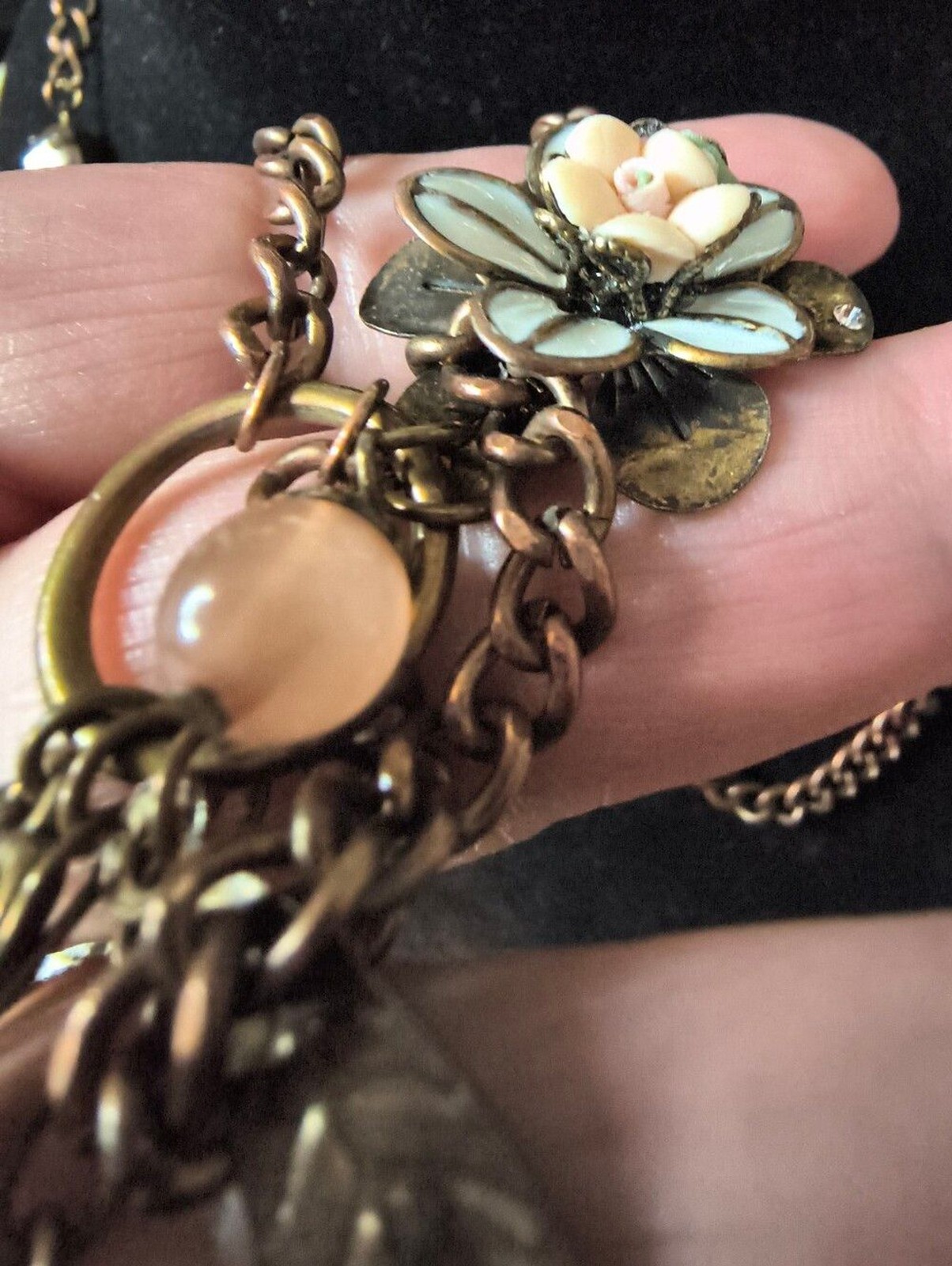 Vintage Romantic Cottagecore Charm Necklace Antique Copper Pink Glass Flower