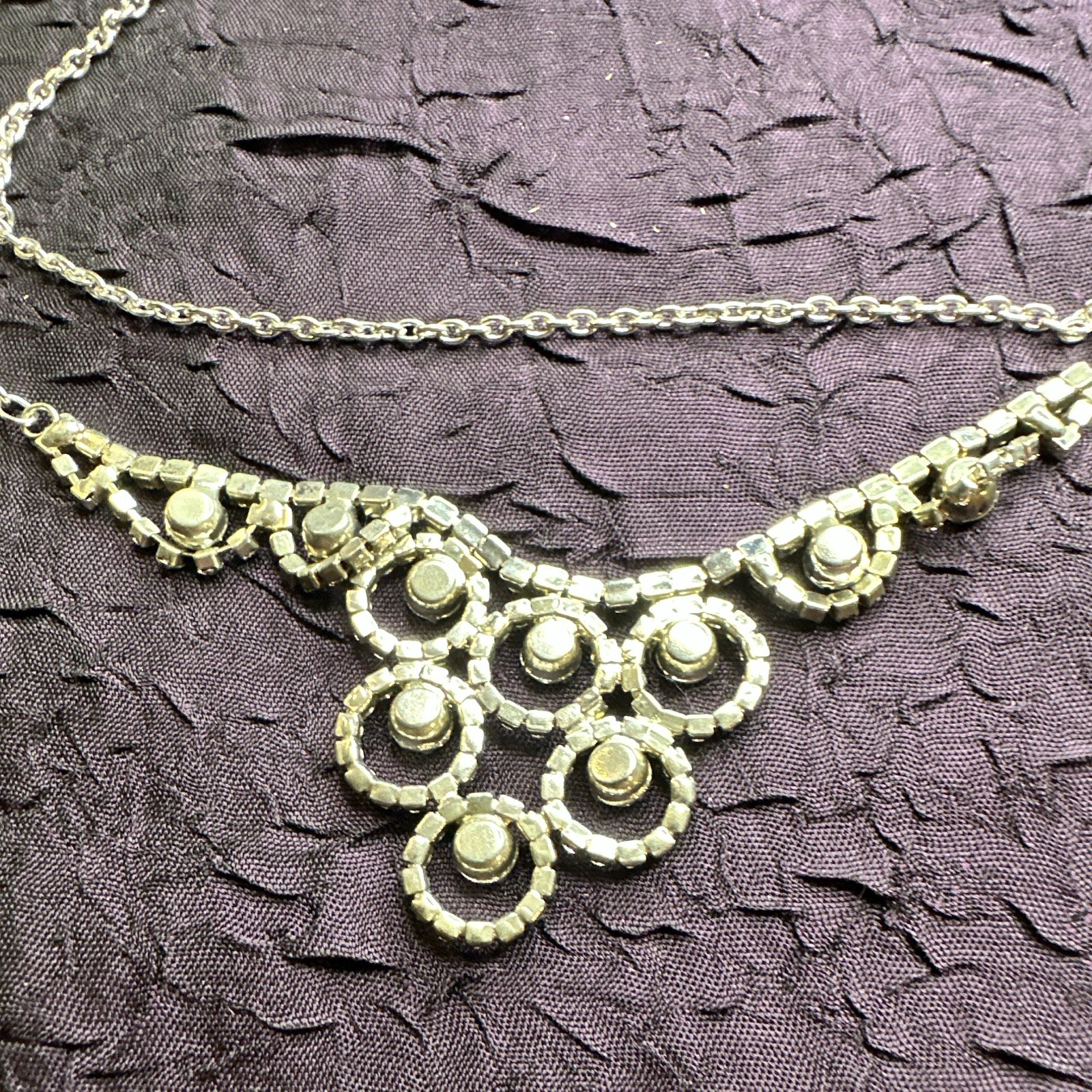 Silver Tone Clear Crystal Rhinestone Bib Statement Necklace Adjustable Lobster