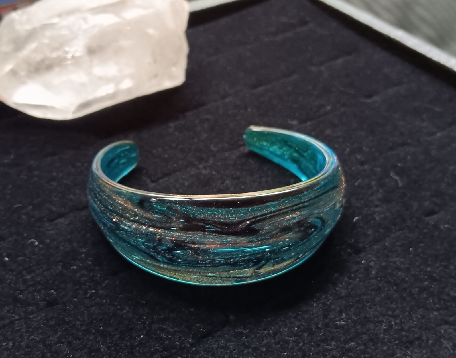Art Glass Cuff Bracelet Murano 24k Gold Flecks Avventurina Venetian Cobalt Blue