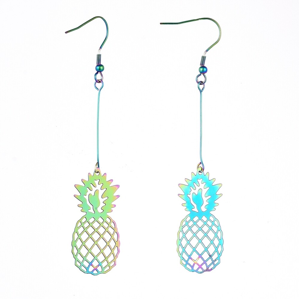 Stainless Steel Electroplated Dangle Earrings Pineapple Rainbow Purple 85mm P739