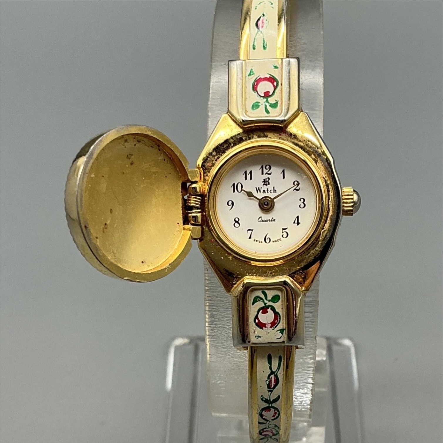 Vintage Swiss Womens Watch 14mm Gold Tone Enamel Floral Bangle New Battery