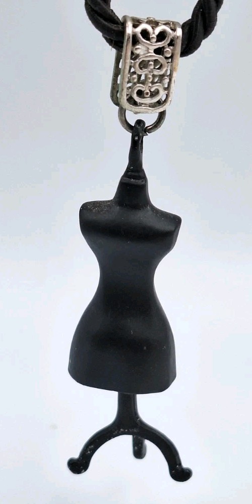 Black Mannequin Dress Form Art Pendant Necklace Black Braided Cord 19″-20″ *RARE