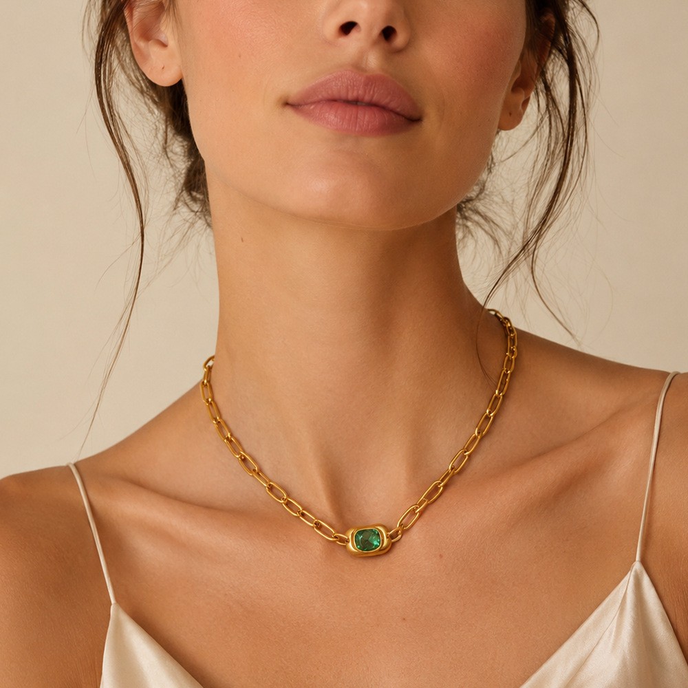 Square Pendant 18K Gold Plated Stainless Steel Necklace Green CZ Stone