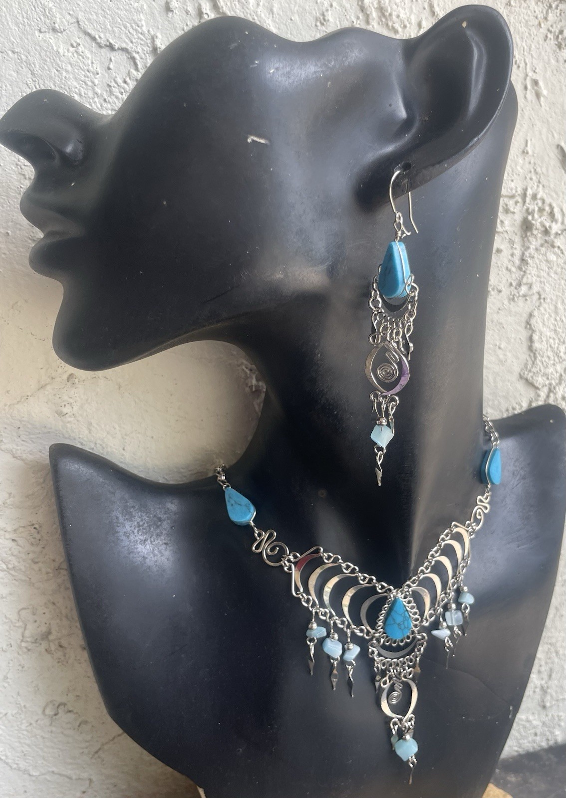 Peruvian Blue Turquoise Semi-Precious Stone Necklace Long Earrings Set Boho Peru