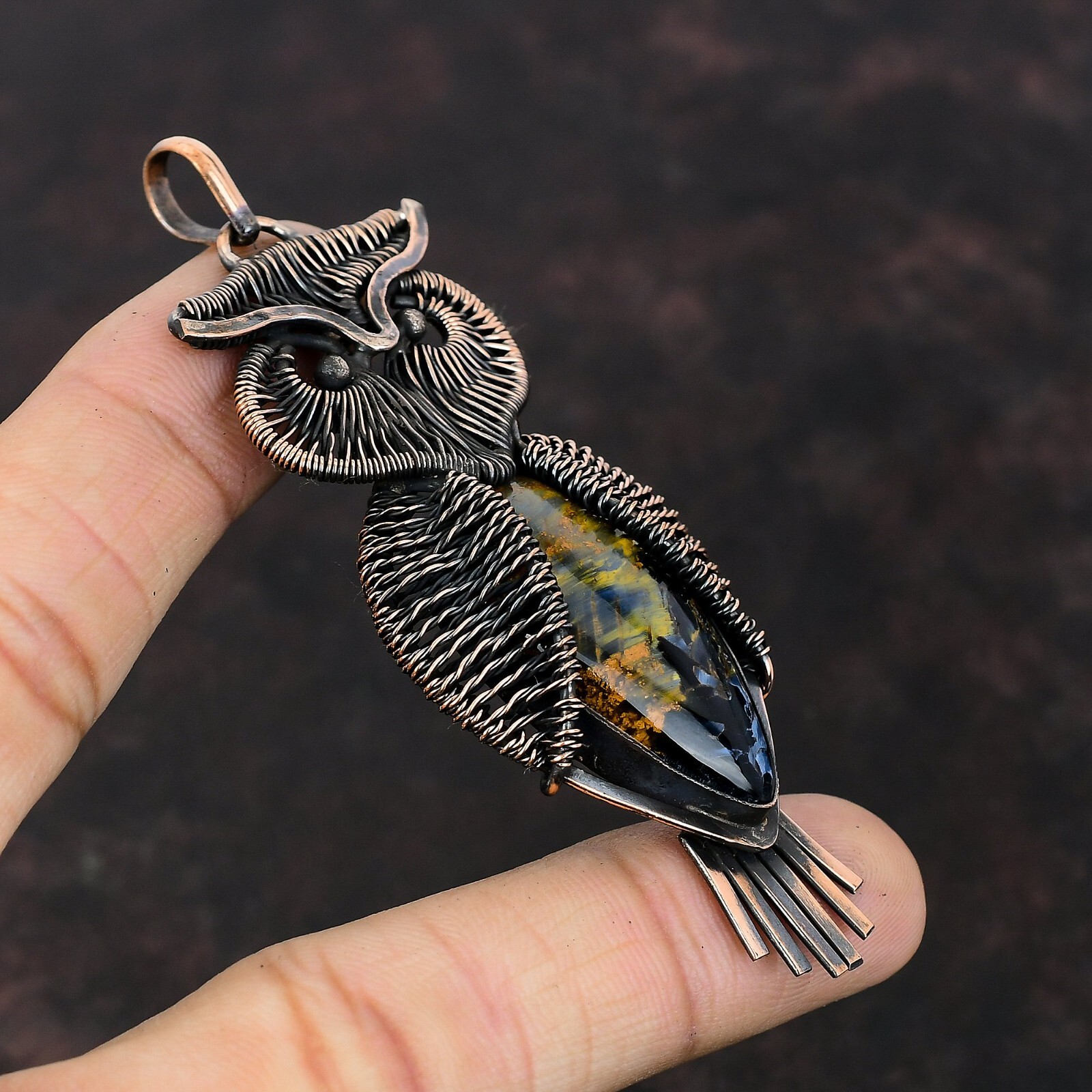 Sisters Day Sale Copper Pear Pietersite Stone Wire Wrapped Owl Pendant Jewelry