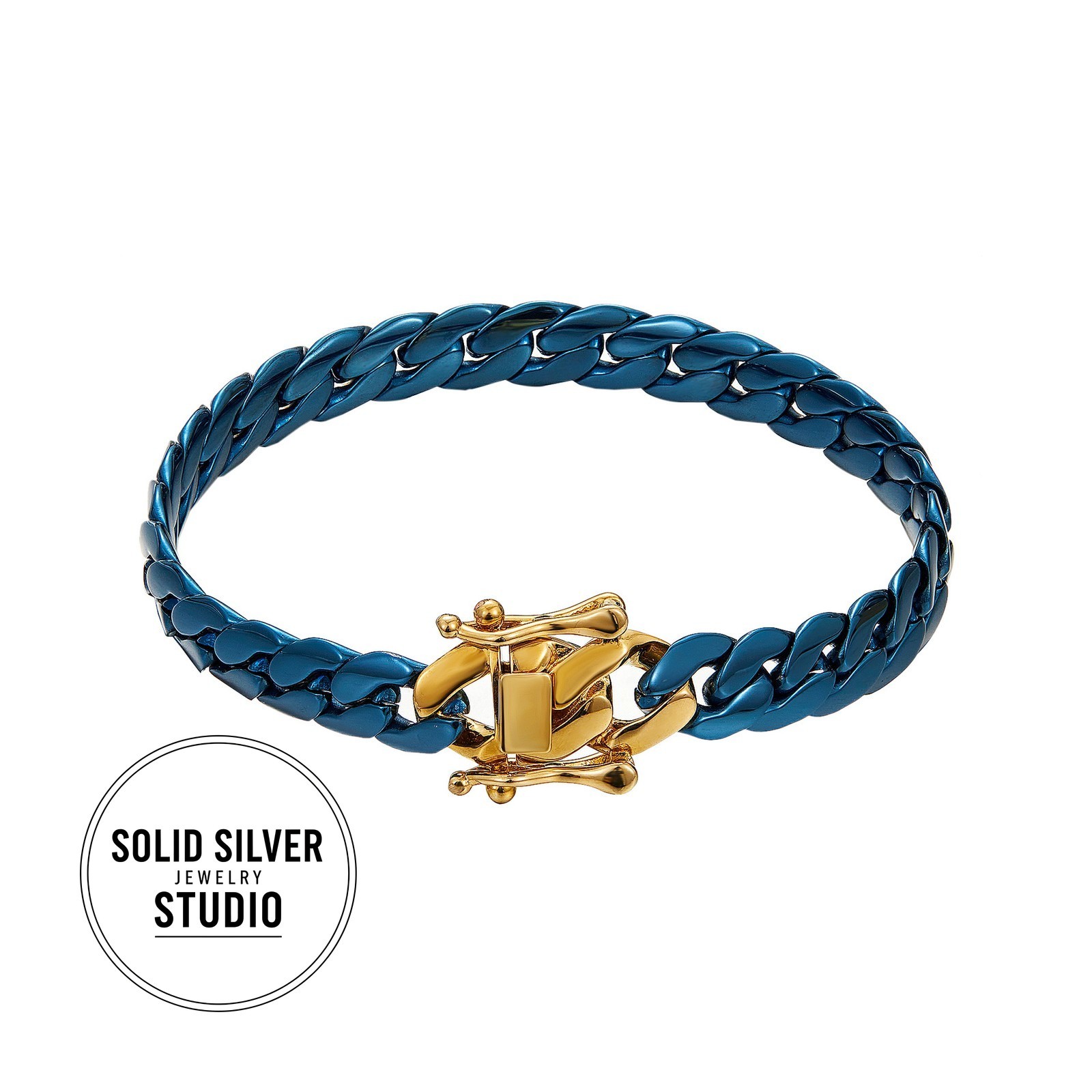 Blue & Gold Cuban Link Necklace or Bracelet Stainless Steel Chain Men’s Gift