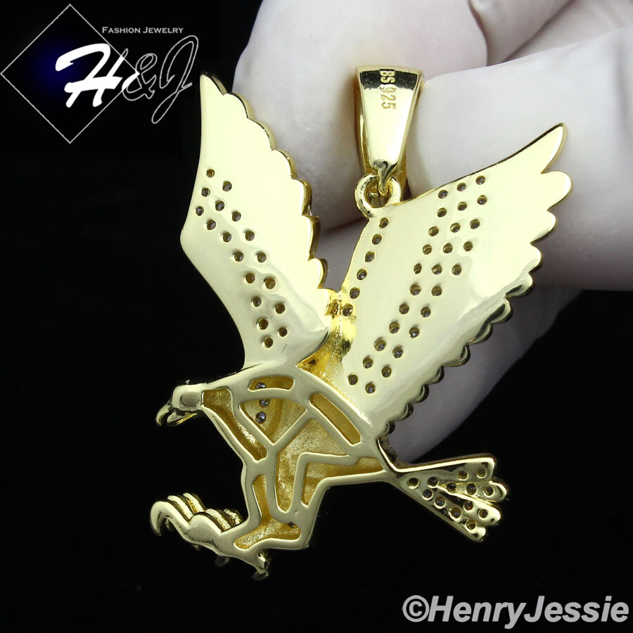 MEN 925 STERLING SILVER ICY CUBIC ZIRCONIA GOLD PLATED 3D EAGLE PENDANT*GP149