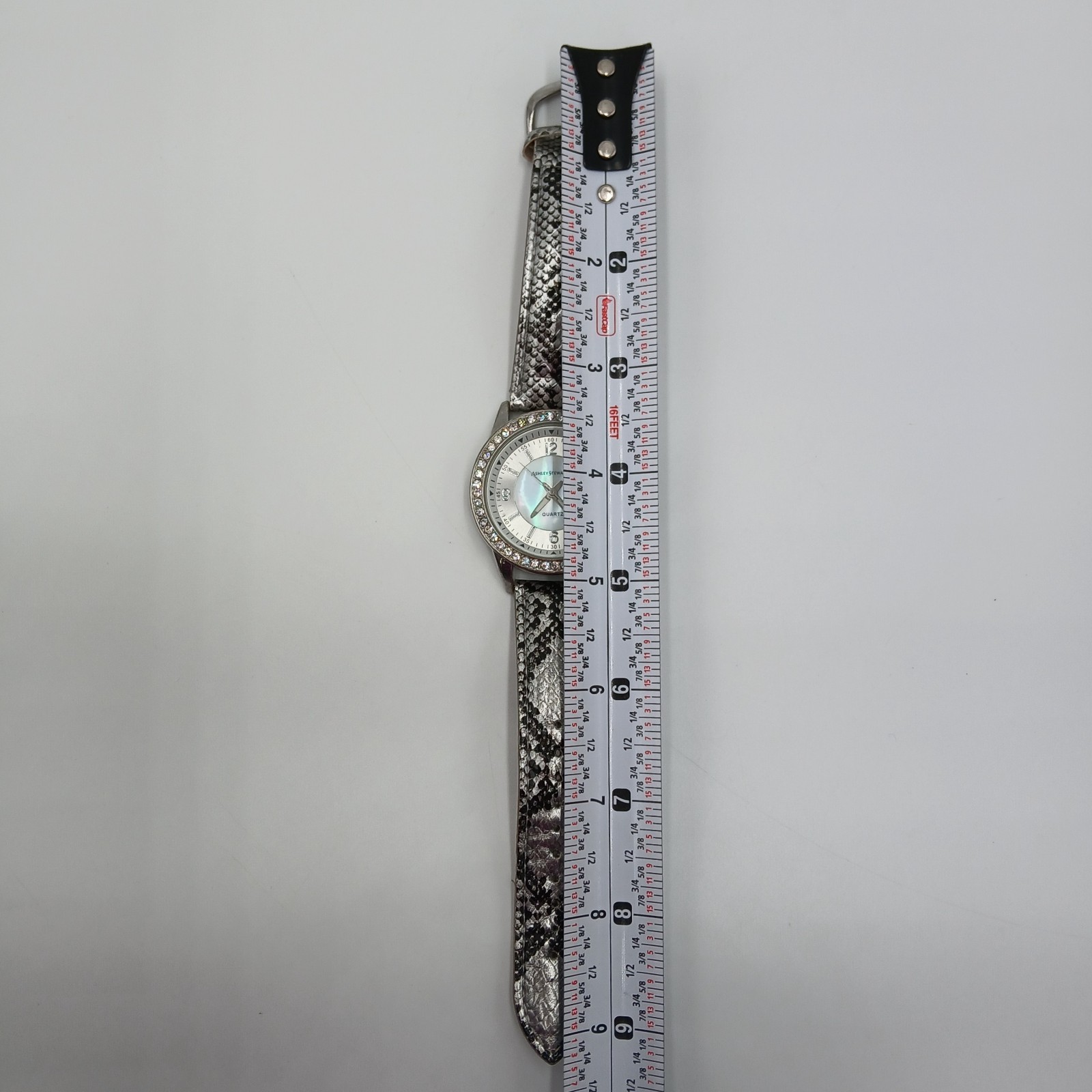 Ashley Stewart Watch Mother of Pearl Silver Tone Crystal Bezel Seconds Hand