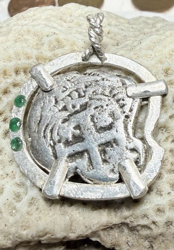 Authentic Spanish-Colonial 2-Reales Silver Shipwreck Cob Coin in Emerald Bezel