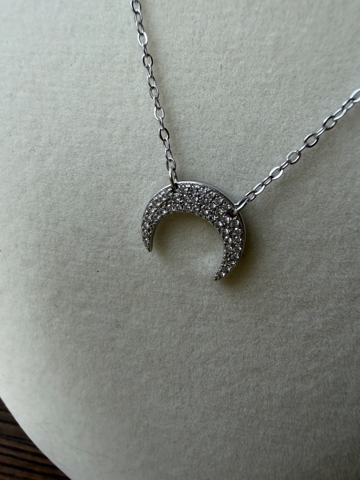925 Sterling Silver CZ Crescent Moon Necklace 18” Adjustable Dainty Minimalist