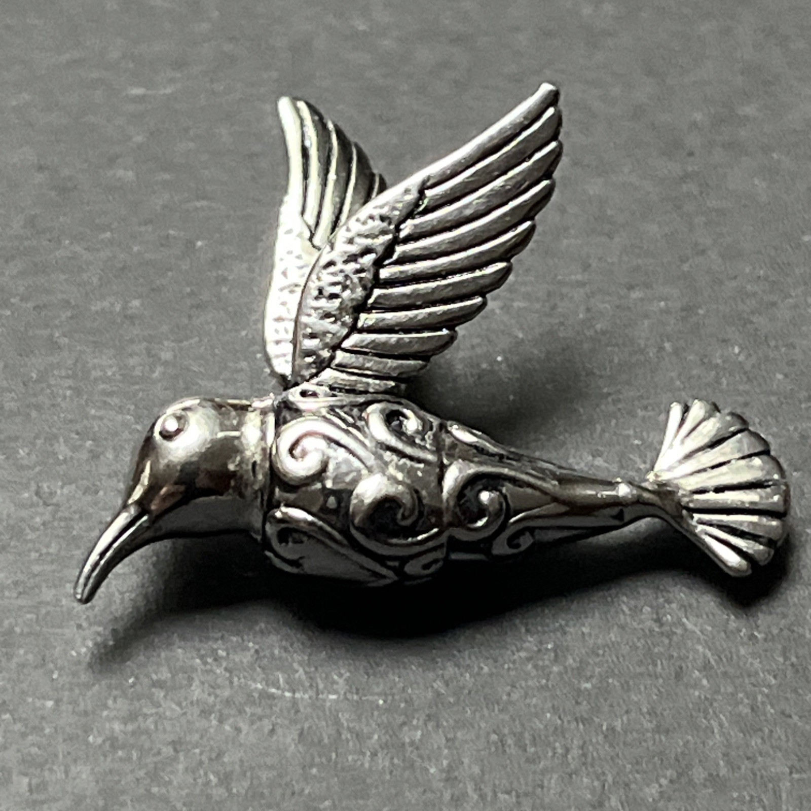 Sterling Silver Hummingbird In Flight Pendant Textured Wings 7.2g, engraved body