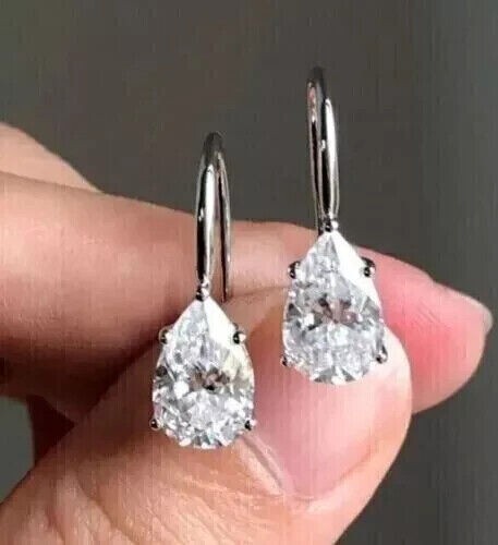 4Ct Pear Cut Lab-Created Diamond Drop/Dangle Earrings 14K White Gold Plated