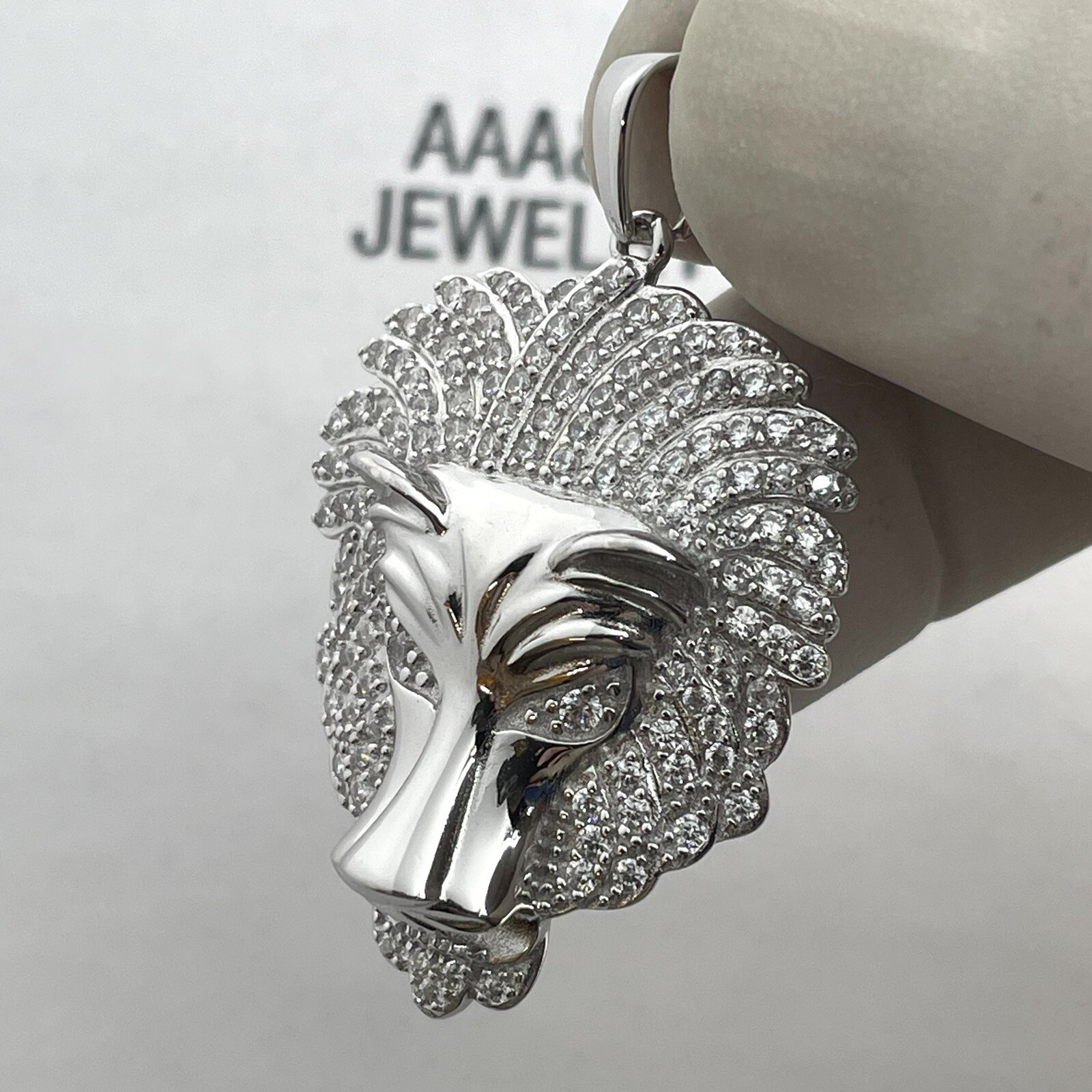 925 Solid Sterling Silver Cubic Zirconia Lion Face Pendant