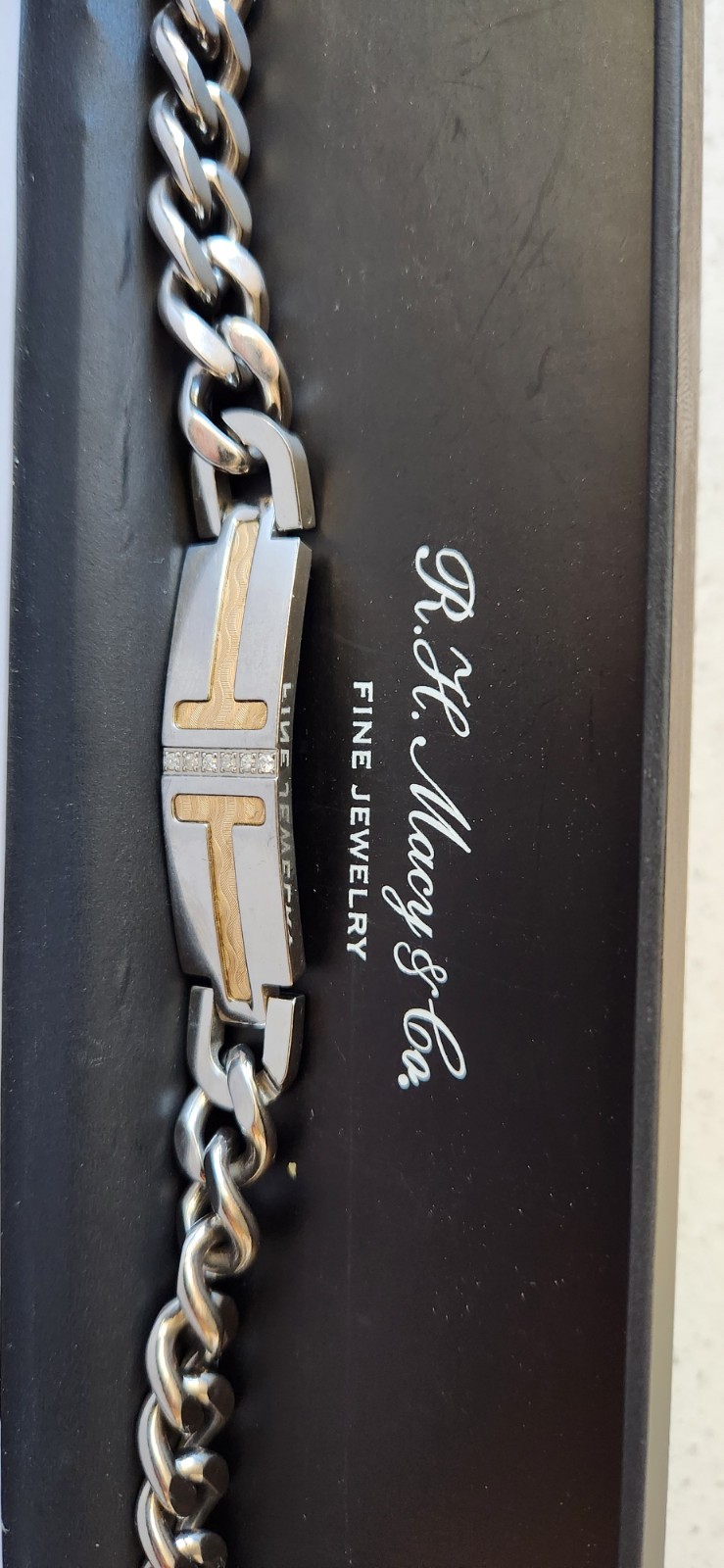Macy’s Mens Stainless Steel And Gold Bracket With Melee Diamonds