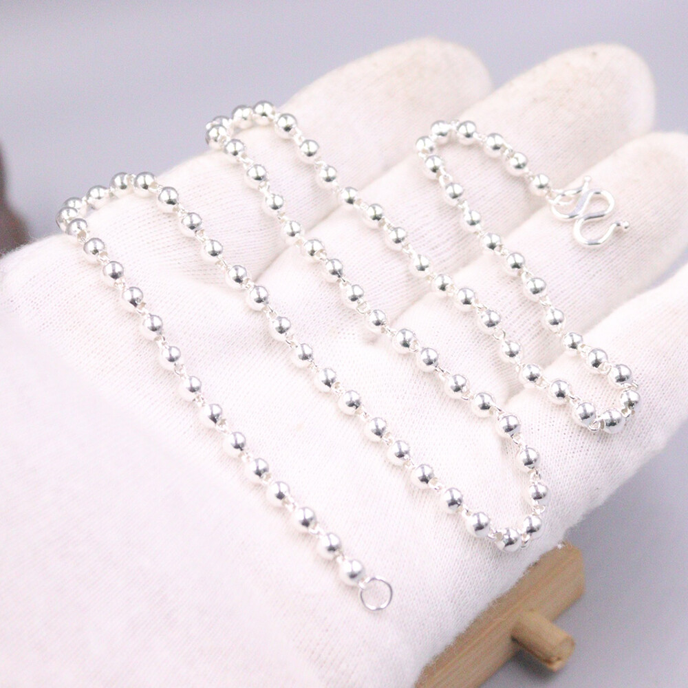 Real 999 Pure Silver Necklace Men Women 3mm Polish Beaded Link Chain 16.9inchL