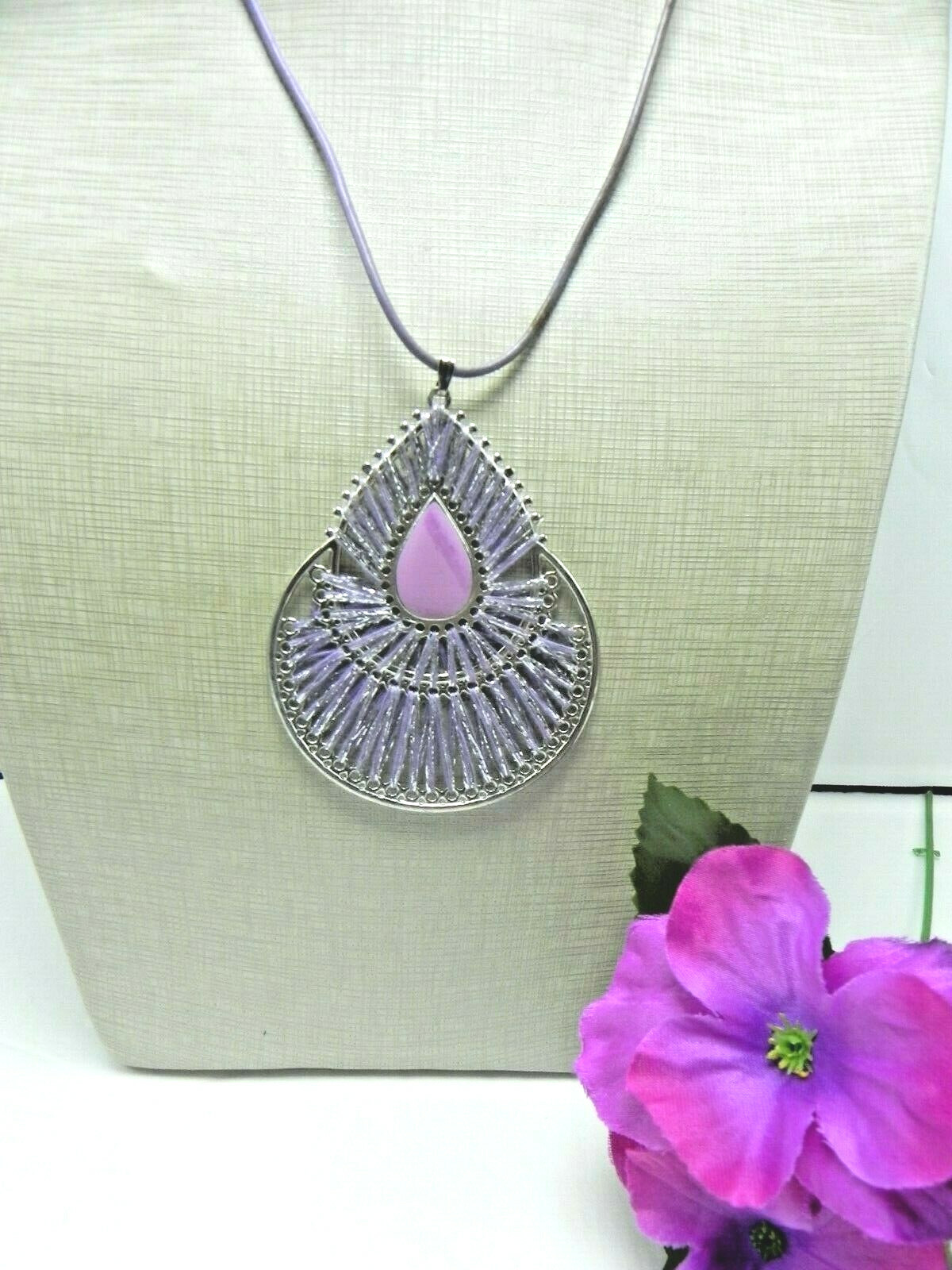 PURPLE Tear Drop Pendant 3 X 2 1/2″ NECKLACE LAVENDER String Leather 17″