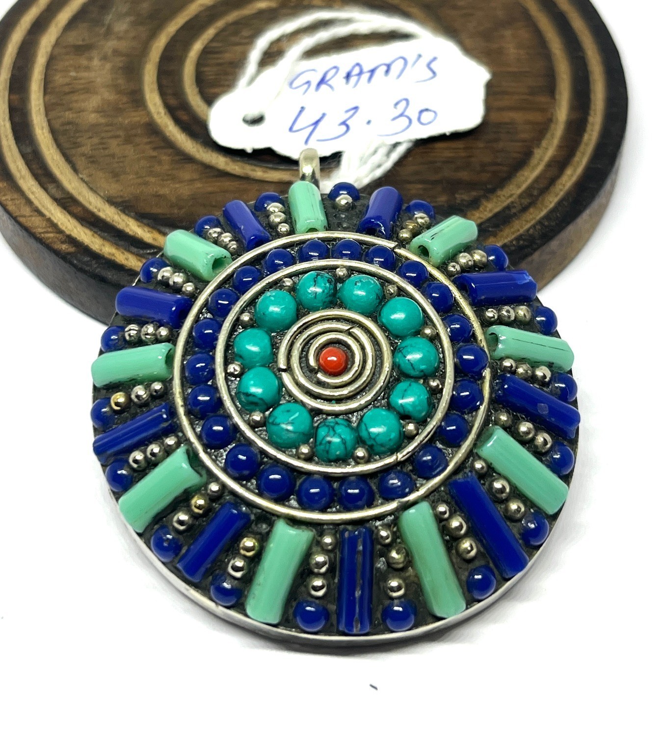 Antique Lapis Turquoise Gemstone Tibetan Statement Pendant Jewelry, 2.0 inch