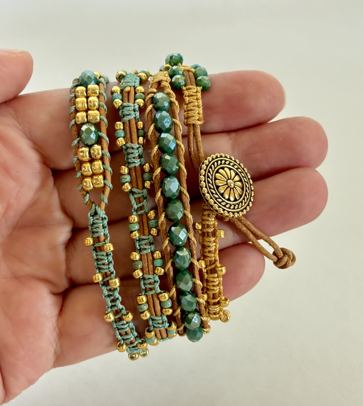 Gold Tone Wrap Around Bracelet Beads Green & Brown 31 5/8 Inches Long