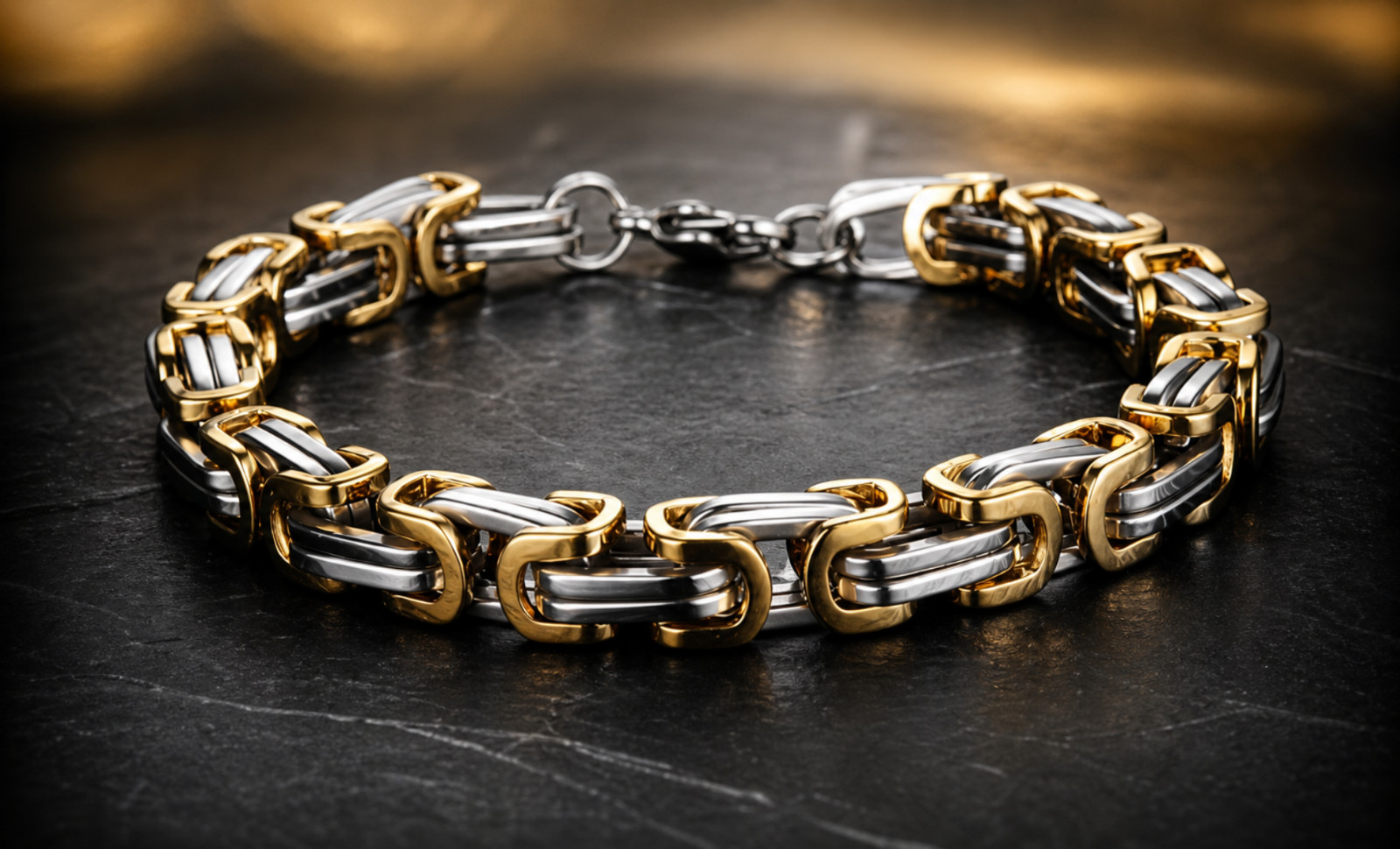 Mens Byzantine Link Bracelet Stainless Steel Silver Gold Tone Two Tone 8.5 Inch