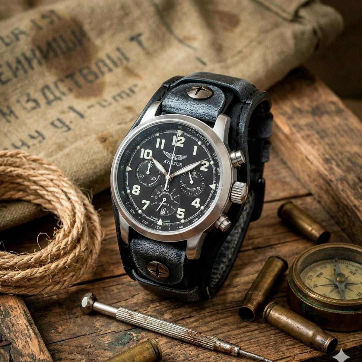 Handmade 20mm Black Leather Wide Bund Band Military Pilot Watch Cuff Strap