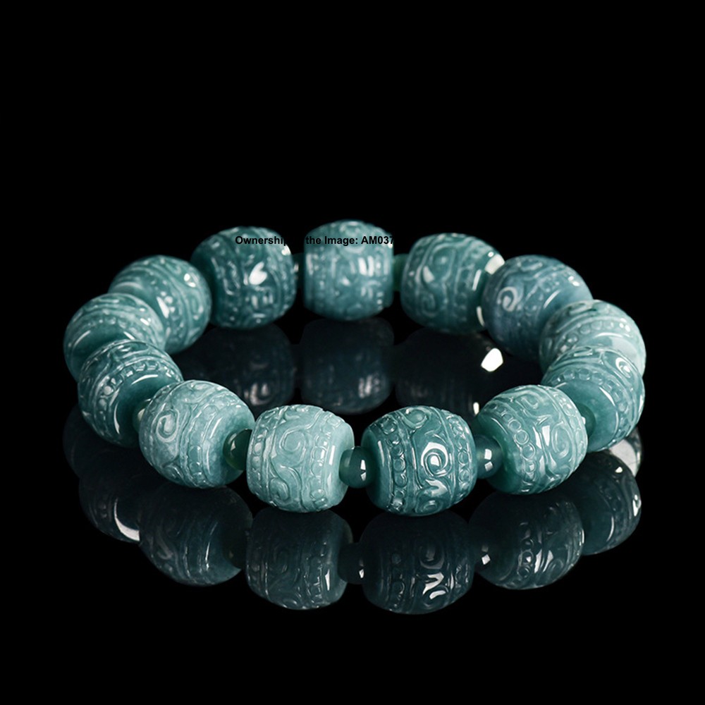 Natural Blue Water Jadeite Carved Barrel Bead Stretch Bracelet -Grade A Jade