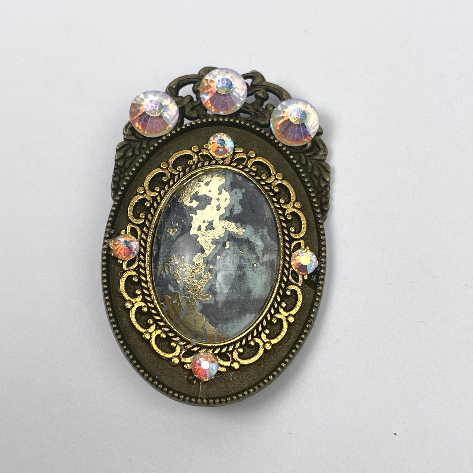 Unsigned Vintage Style Brooch Pendant Resin Cabochon AB Rhinestone Filigree