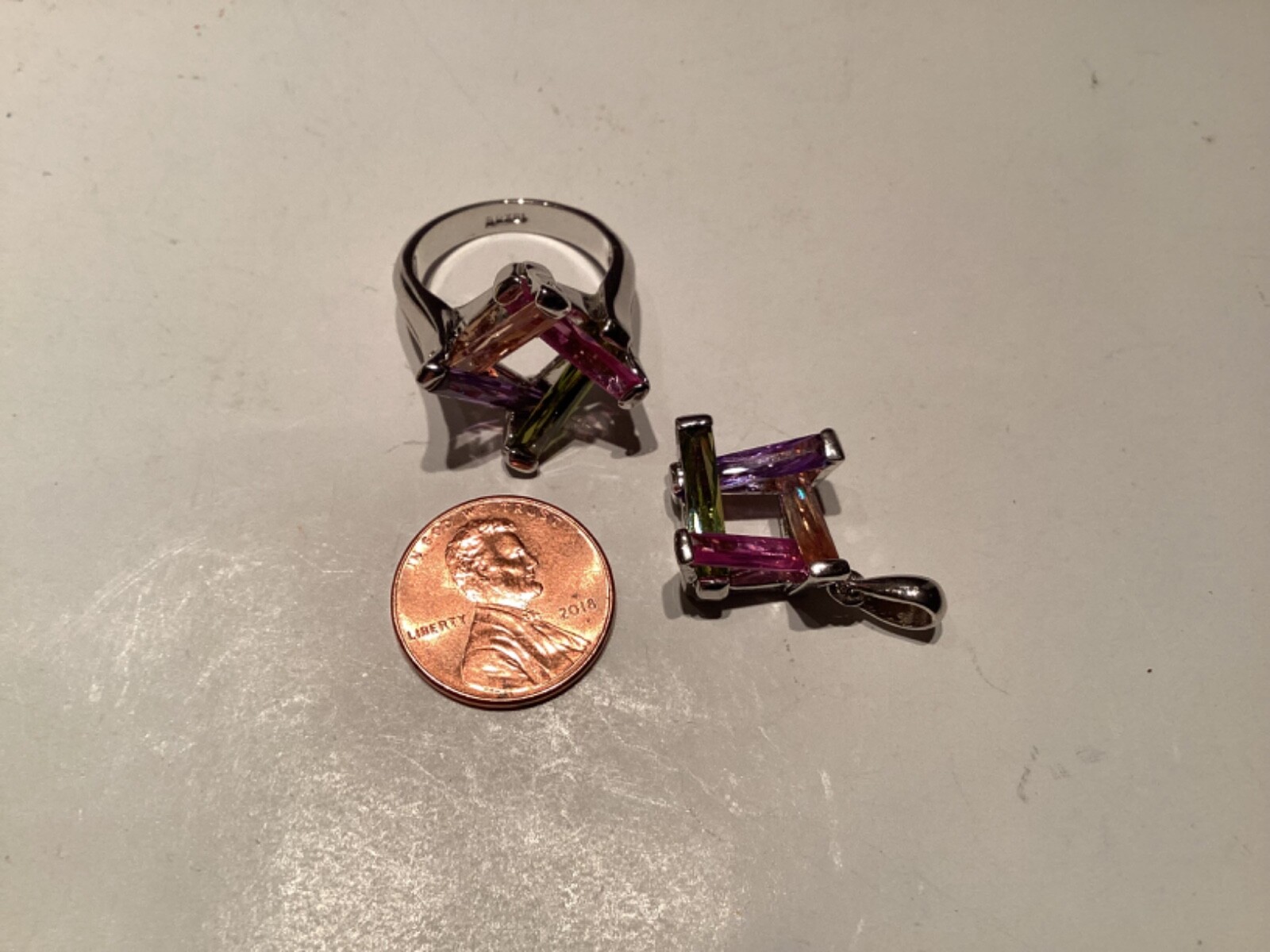 Multicolor Gemstone Ring and Matching Pendant in White Gold