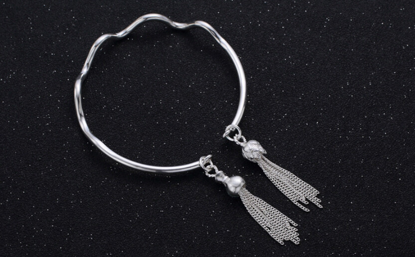 B22 Bangle Bracelet Waves and Tassels Fine Silver 990