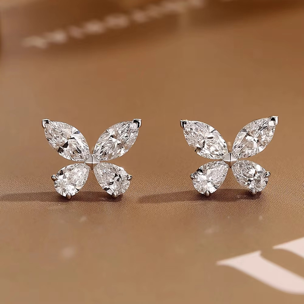 Butterfly Moissanite Stud Earrings 925 Sterling Silver Pear Marquise GRA Gift