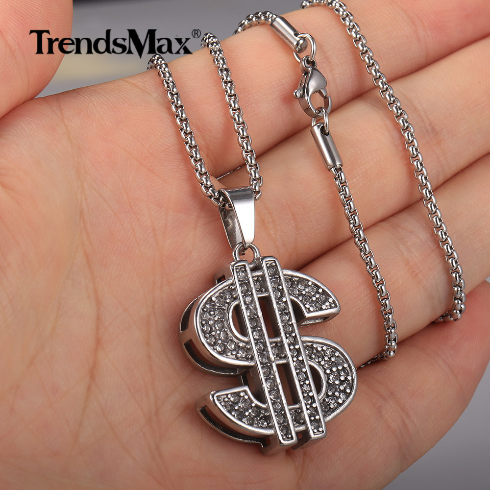 Silver Cubic Zircon CZ Dollar Sign Pendant Necklace Stainless Steel Chain 18-24″
