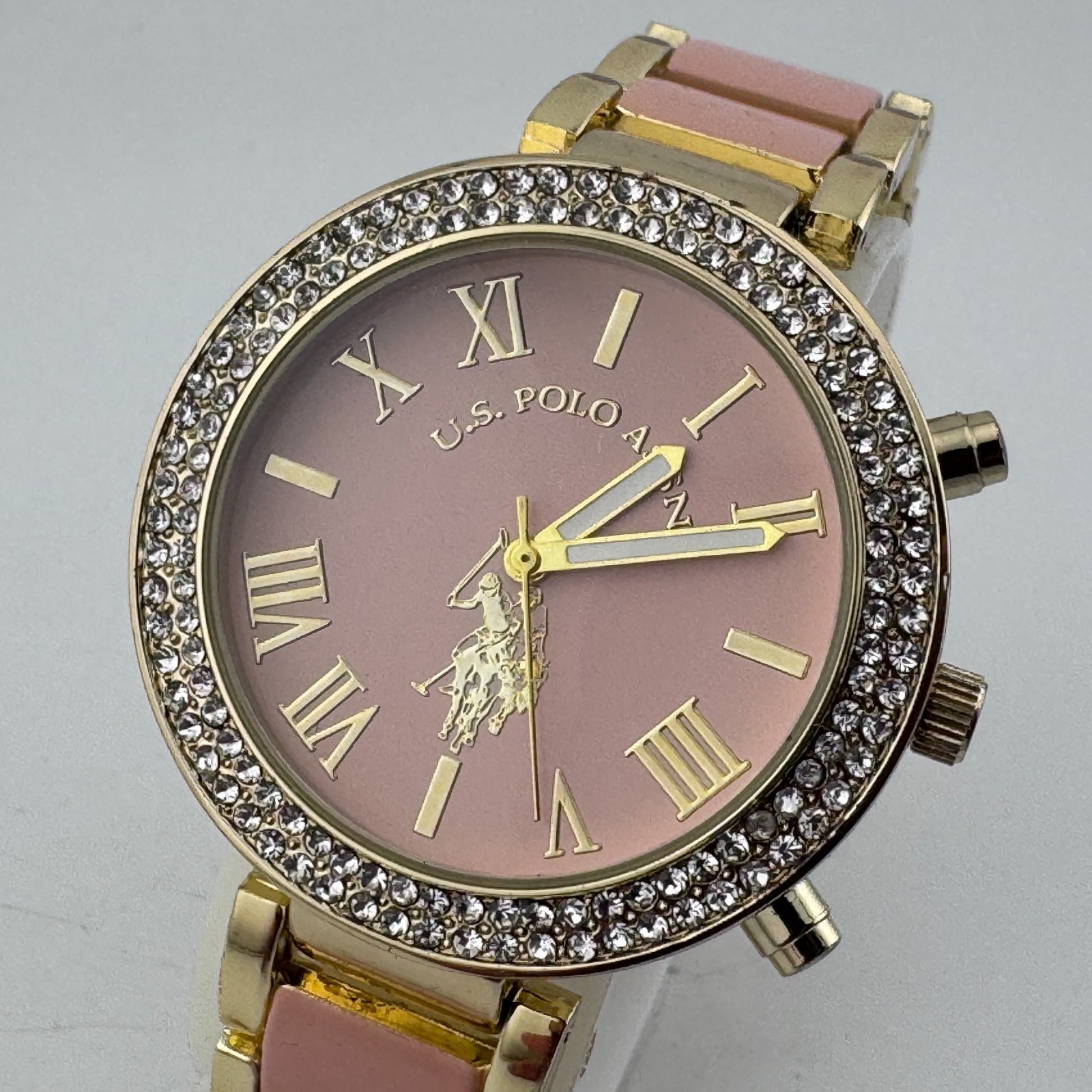 US Polo Assn Quartz Watch Women 40mm Gold Tone Pink Rhinestone New Battery 6.75″