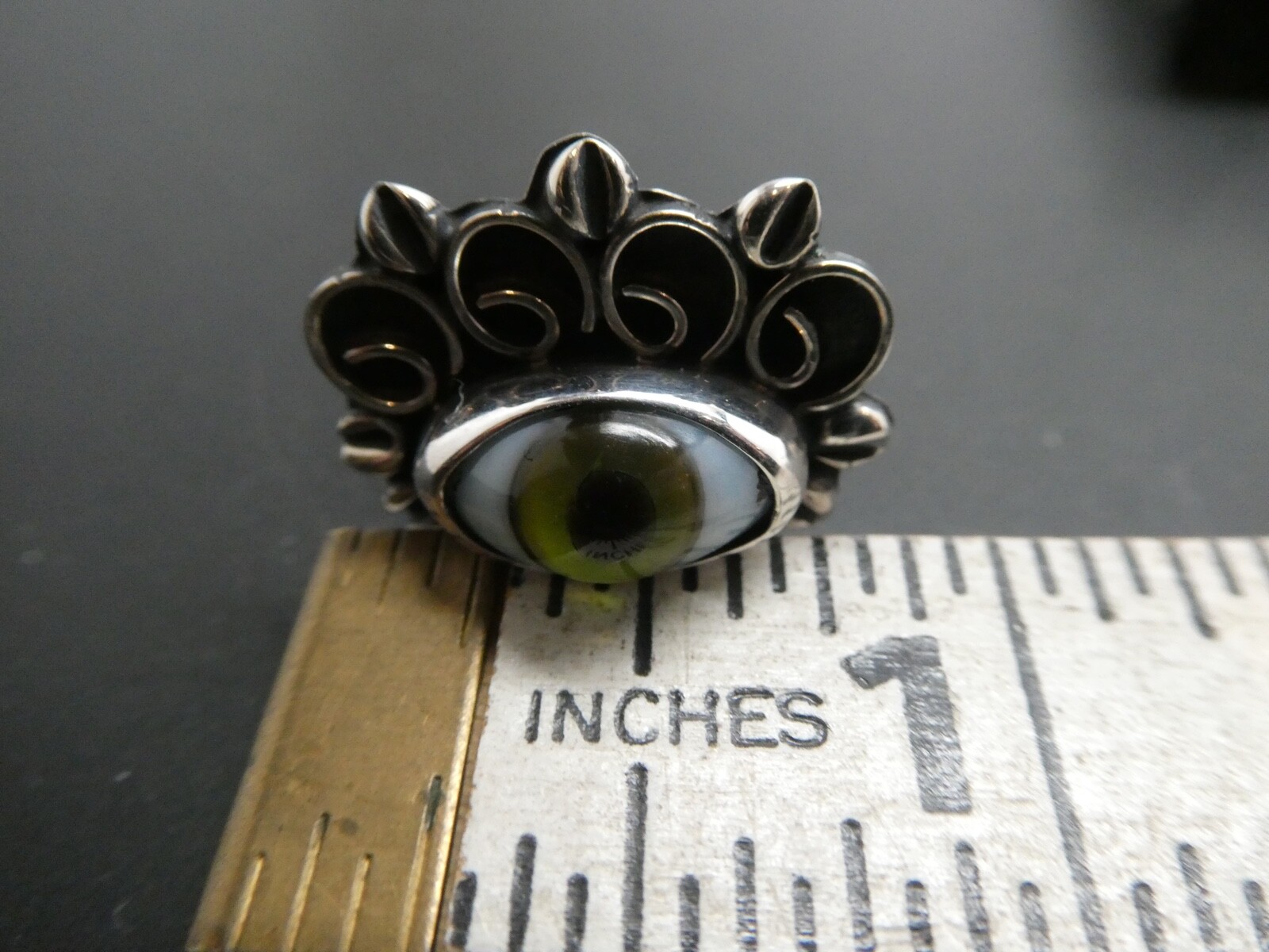 Green Evil EYE Sterling Silver 925 Taxco Mexico RING Adjustable Size 7 to 9