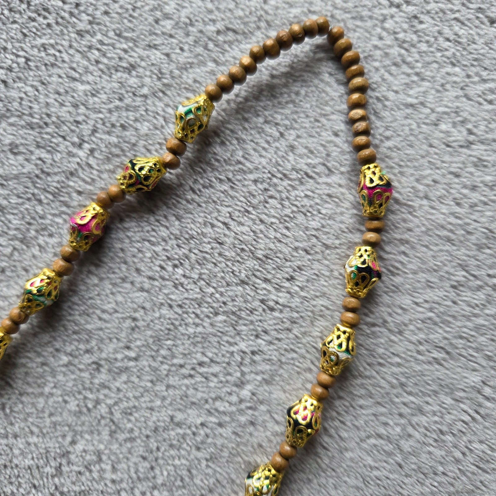 Handmade Floral Fabric Bead Necklace mixed with Gold Filigree, Wooden Bead 82cm