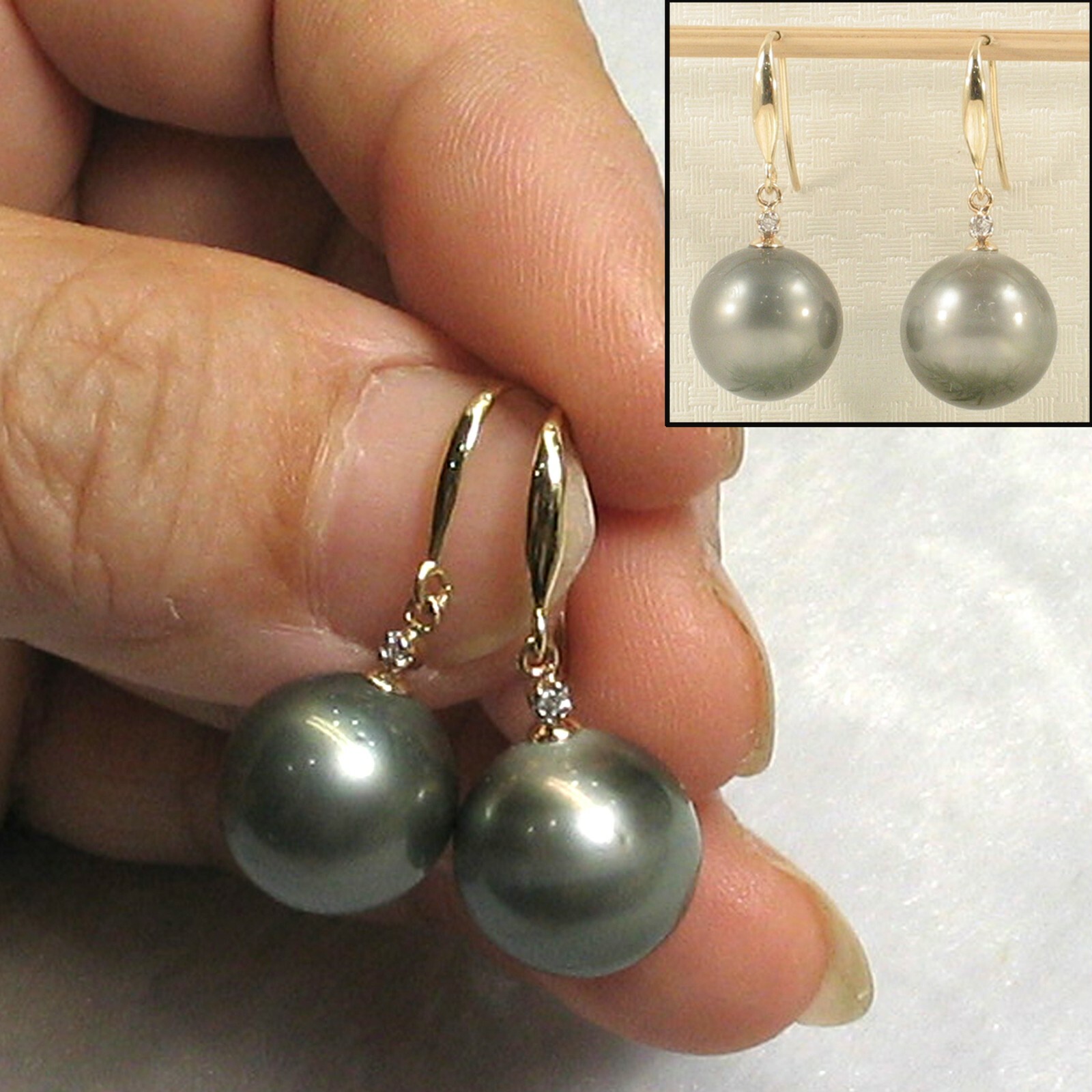14kt Yellow Solid Gold Diamonds Tahitian Pearl Dangle Hook Earrings TPJ