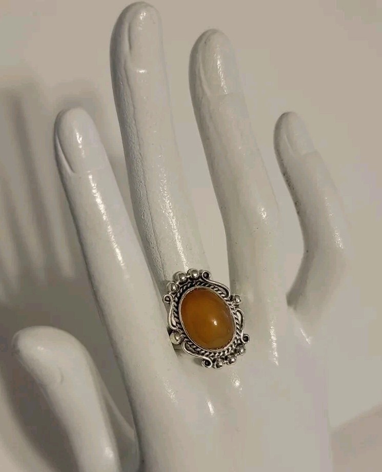 Amber Egg Yolk Chalcedony Ring Sterling Size 8.25 Ornate Design