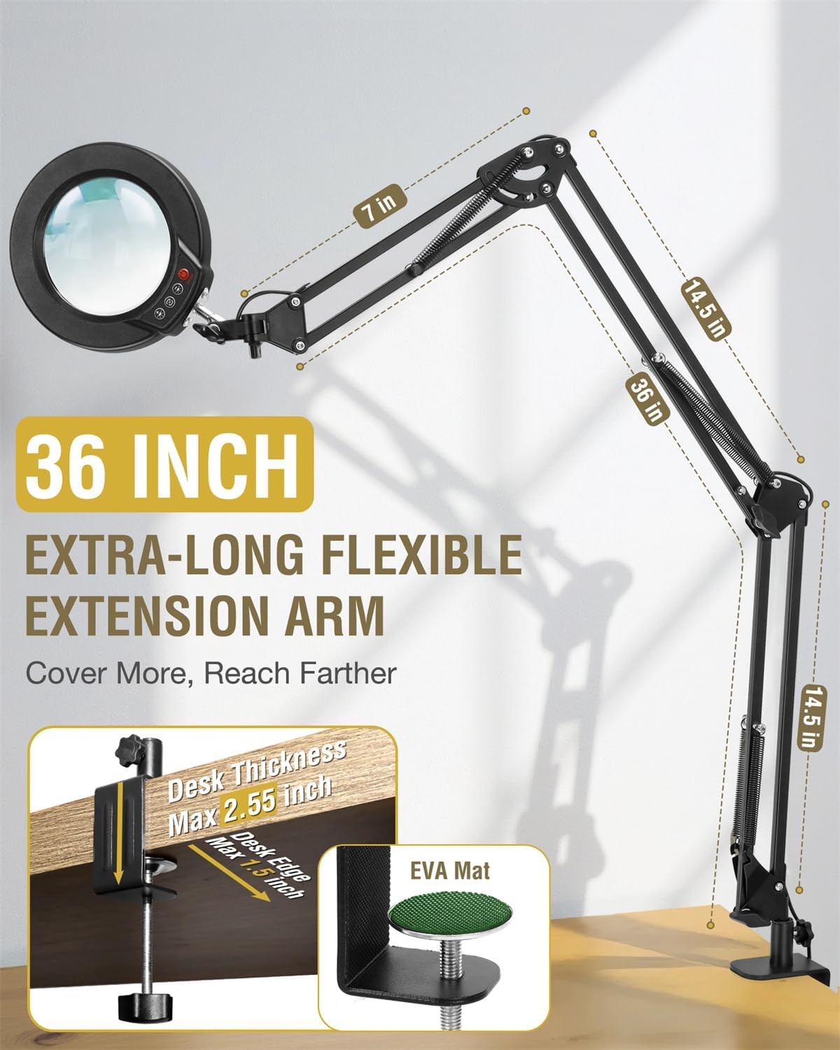 12X Magnifying Glass with Light and Clamp, Ultra Long 3 Section Swing Arm LED De