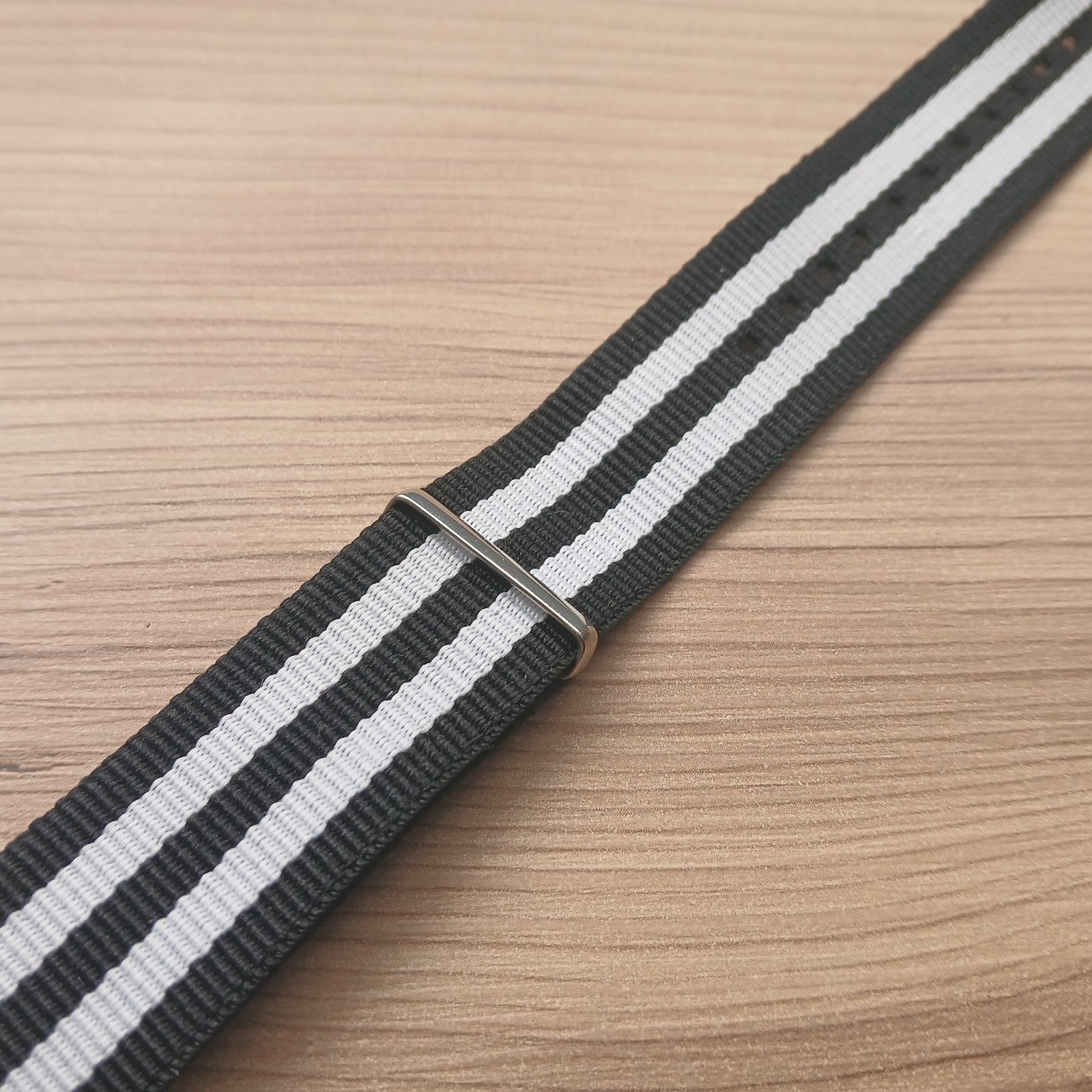 Nylon Black White Striped One Piece 22mm Watch Strap Silver Buckle Keepers