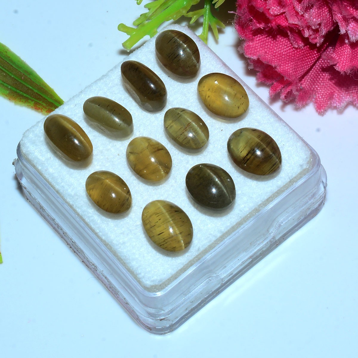 11 Pcs Natural Apatite Cats Eye 8mm-9mm Oval Cabochon Huge Loose Gemstones Lot
