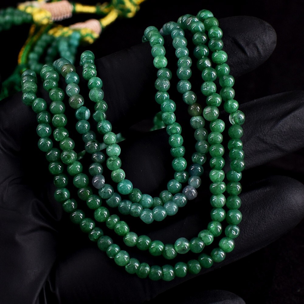 4 Strand Round Shape Green Emerald 218.00 Cts Necklace Beads Jewelery VK 35 E678