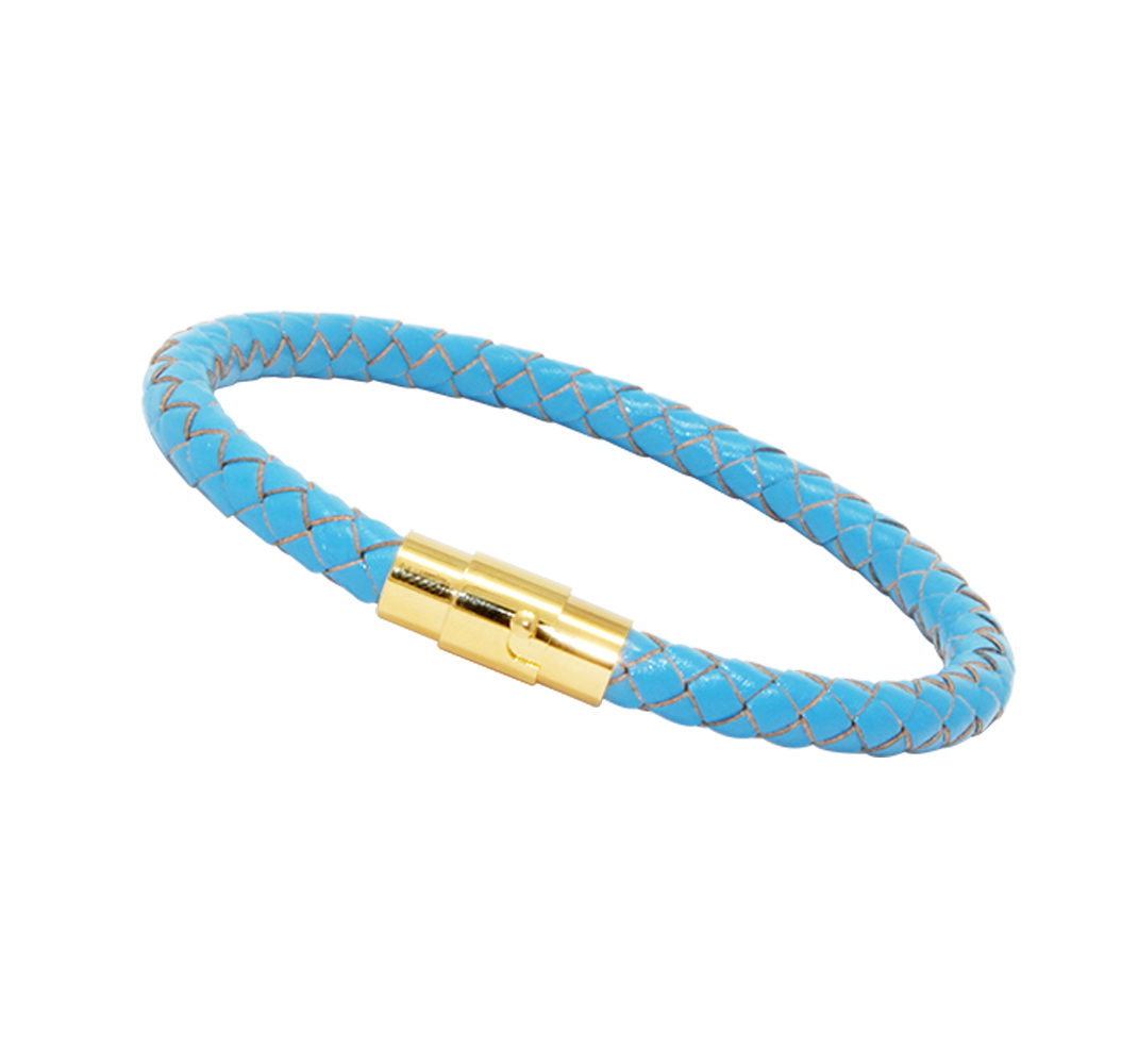 Unisex Men’s Genuine Leather Stainless Steel Magnetic Clasp Bracelet Light Blue