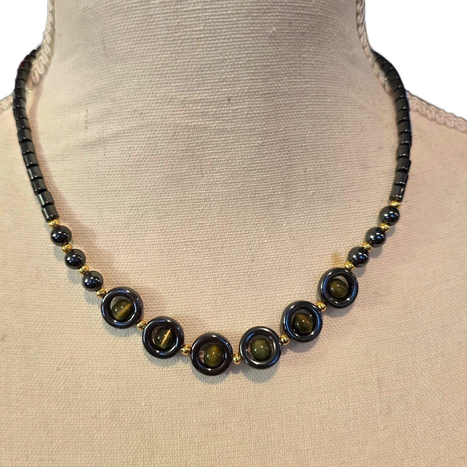Vintage Necklace Hematite Black Gray Tiger Eye Beads Artisan Style 16″ SKU 2359
